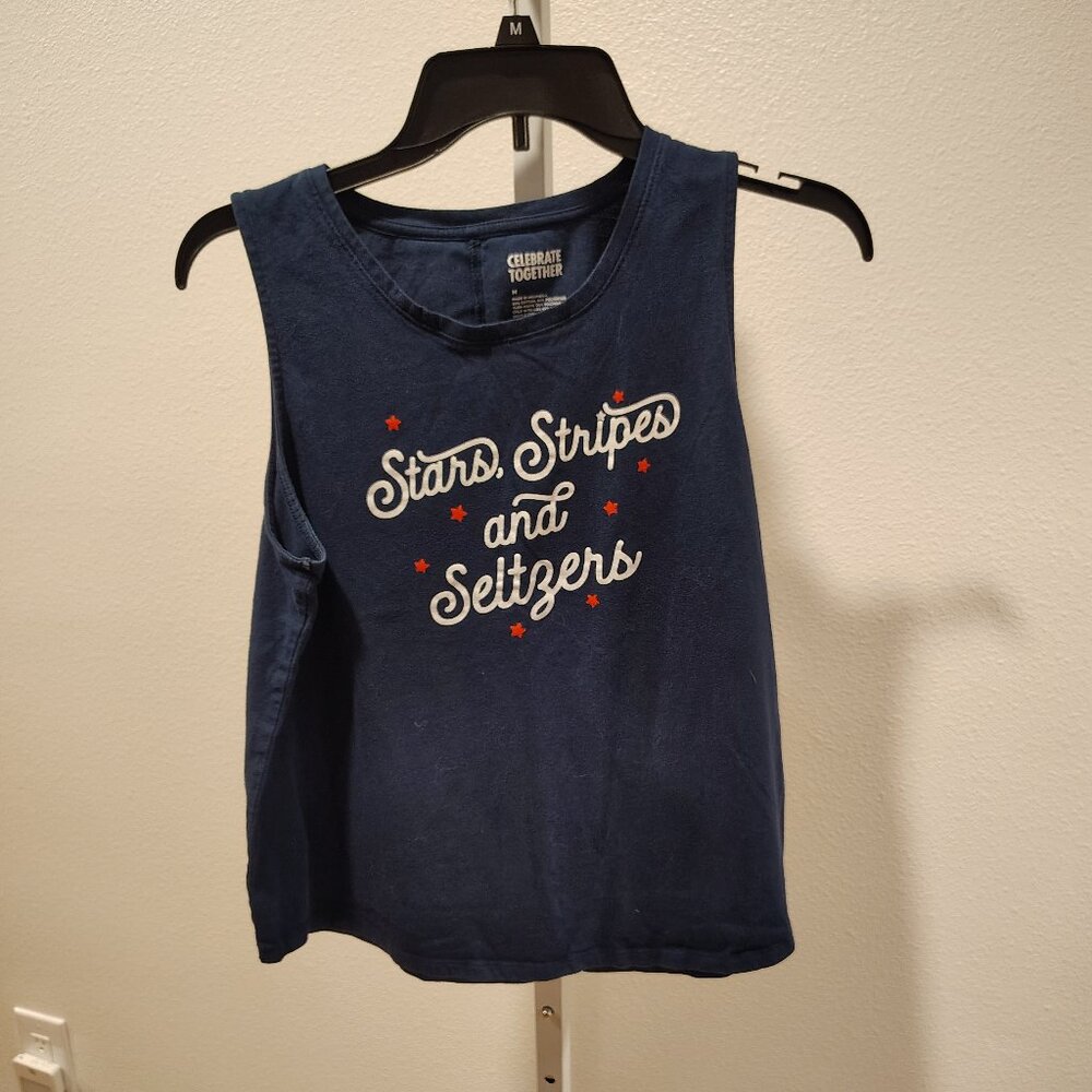 Celebrate Together Stars Stripes and Seltzers Blue Women's Tank Top Size Medium